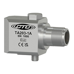 A stainless steel, standard size, side exit TA203 dual output condition monitoring sensor engraved with the CTC Line logo, part number, serial number, and CE and UKCA certification markings.